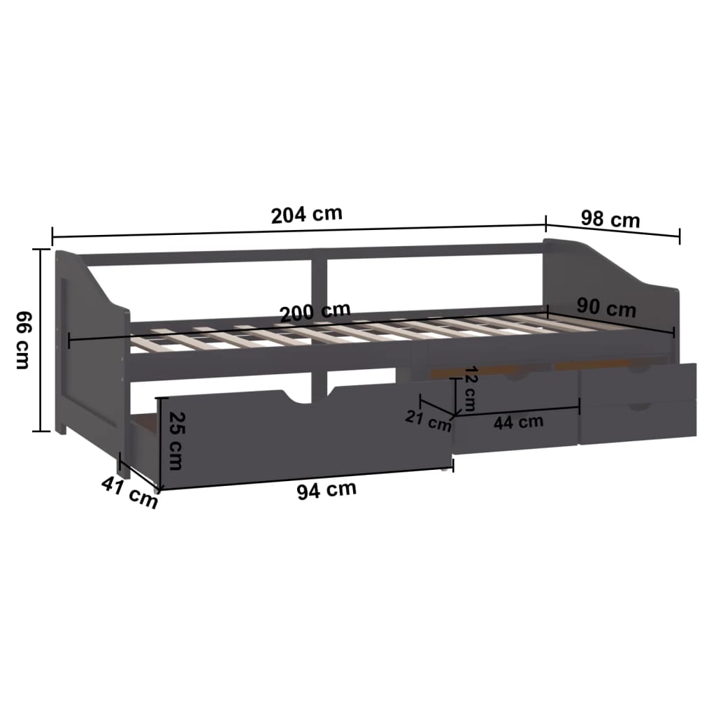 Sengeramme 3 seter med skuffer heltre furu 90x200 cm grå