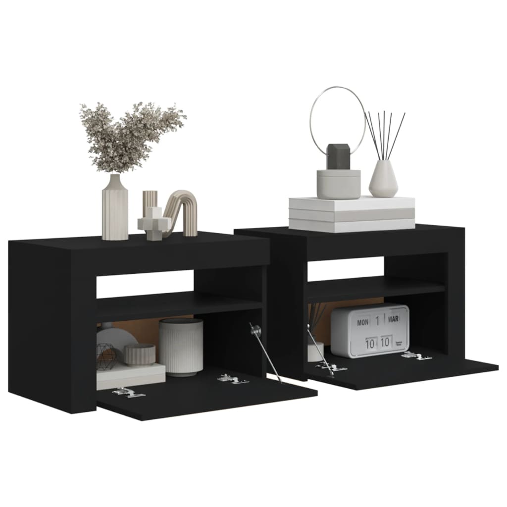 Nattbord med LED 2 stk svart 60x35x40 cm