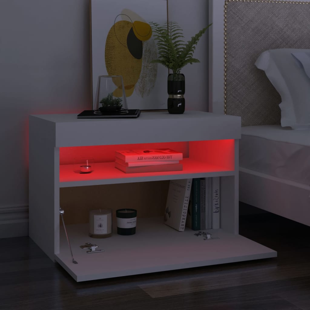 Nattbord med LED-lys 2 stk hvit 60x35x40 cm konstruert tre