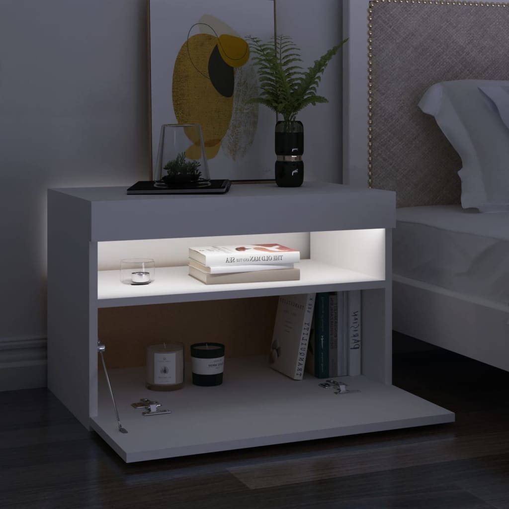 Nattbord med LED-lys 2 stk hvit 60x35x40 cm konstruert tre