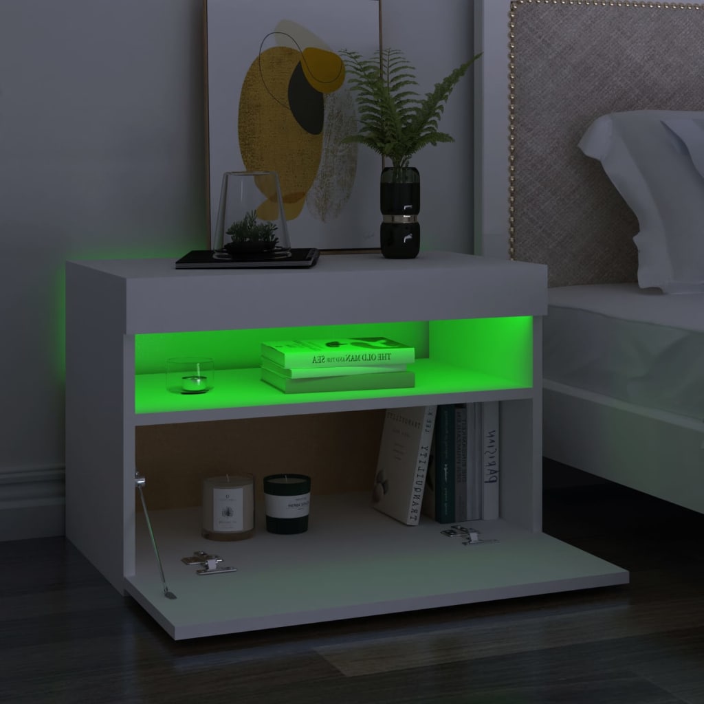 Nattbord med LED-lys 2 stk hvit 60x35x40 cm konstruert tre