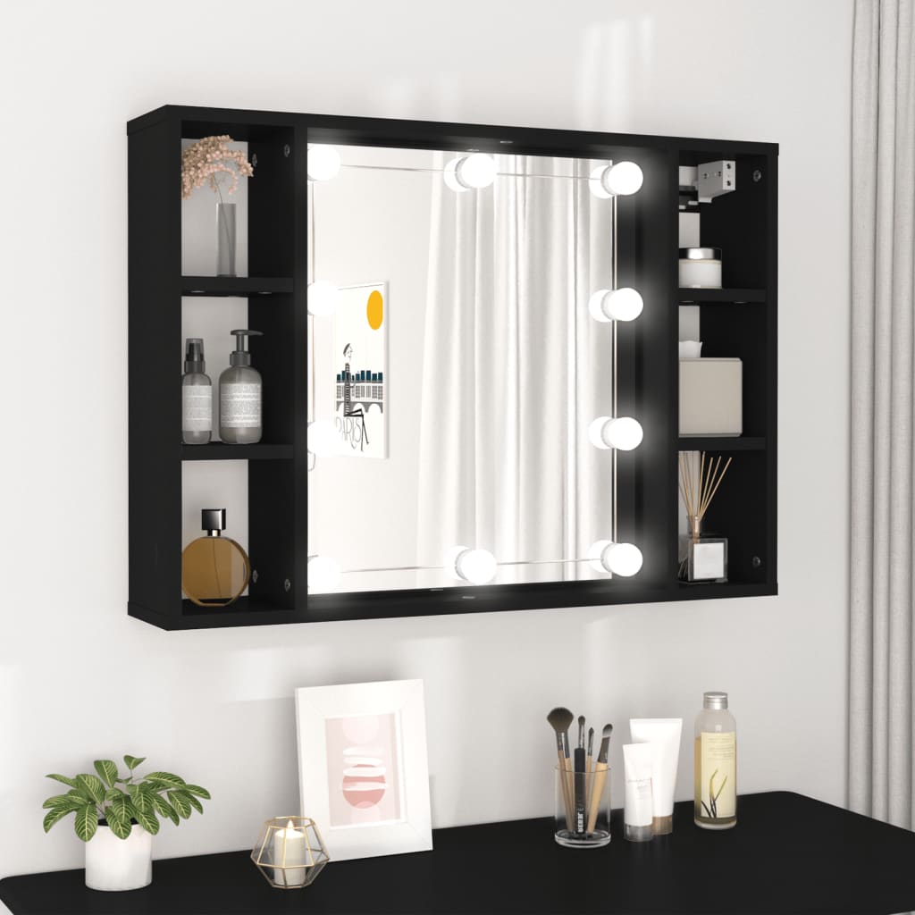 Speilskap med LED svart 76x15x55 cm