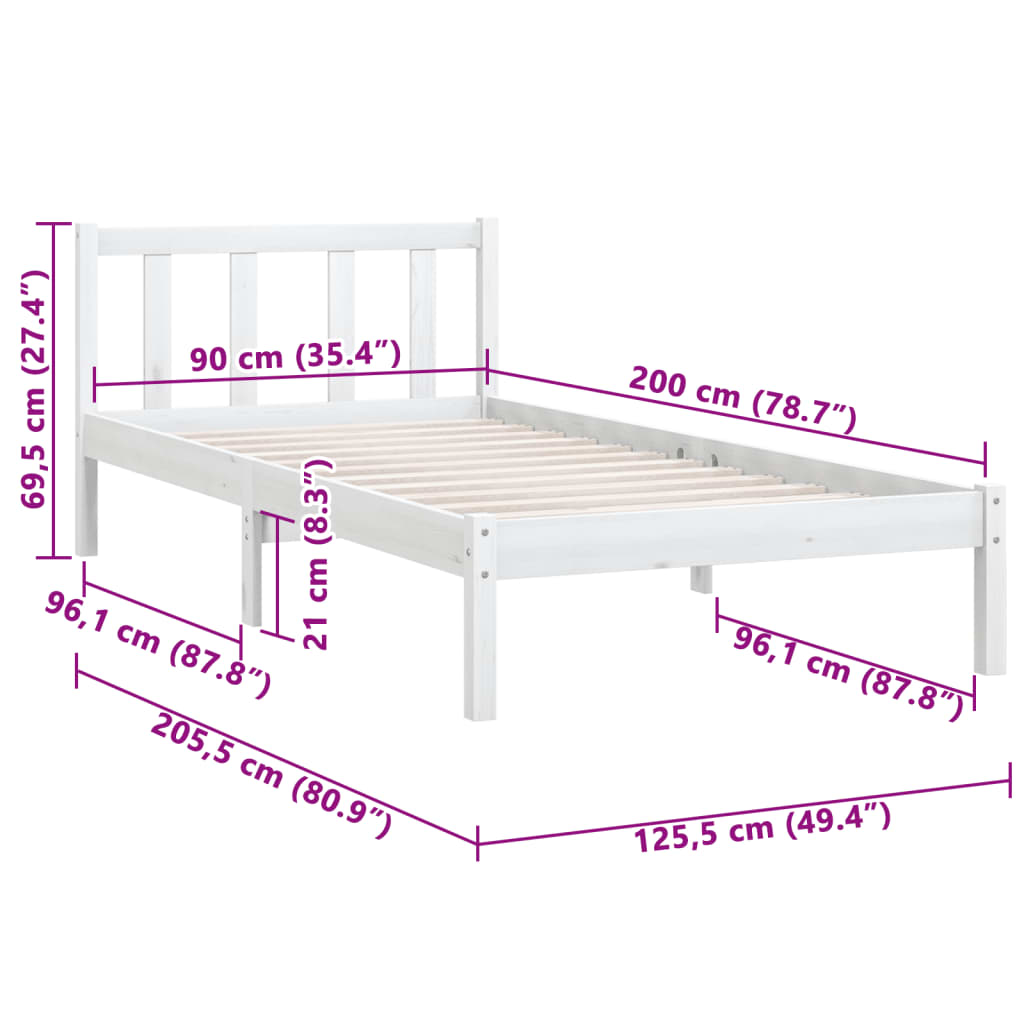 Sengeramme hvit heltre furu 90x200 cm