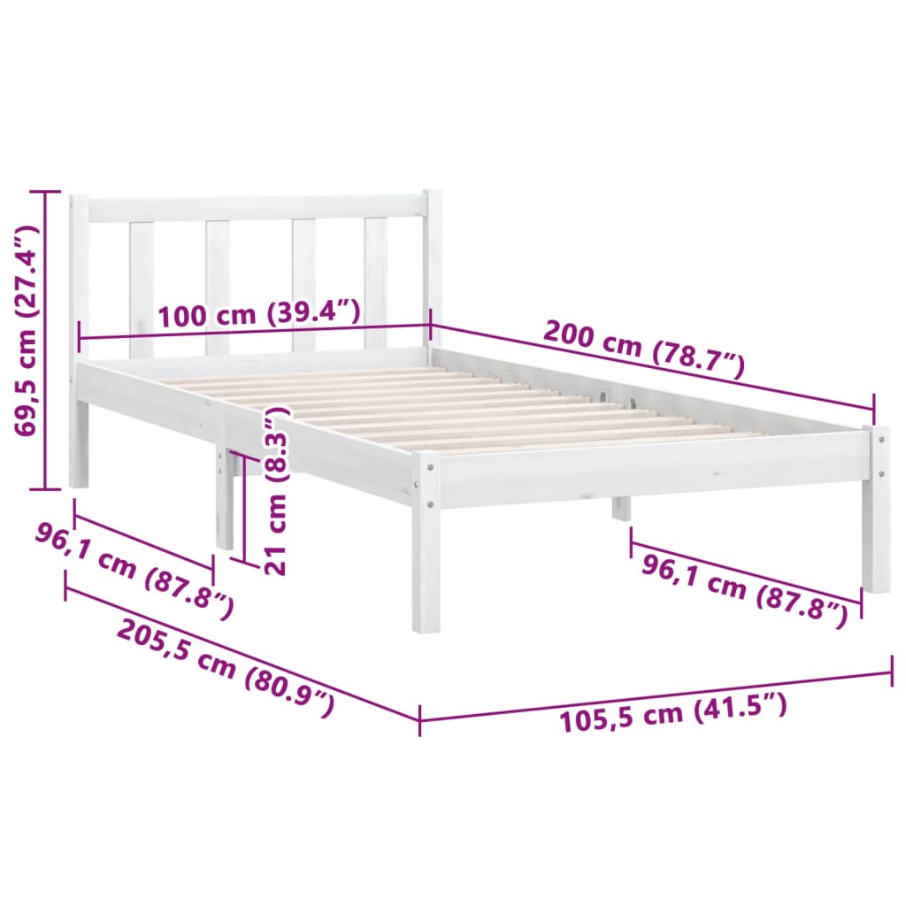 Sengeramme hvit heltre furu 100x200 cm