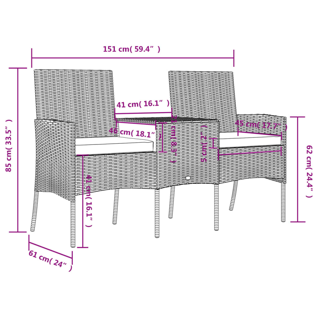 Hagesofa 2-seters med tebord polyrotting brun