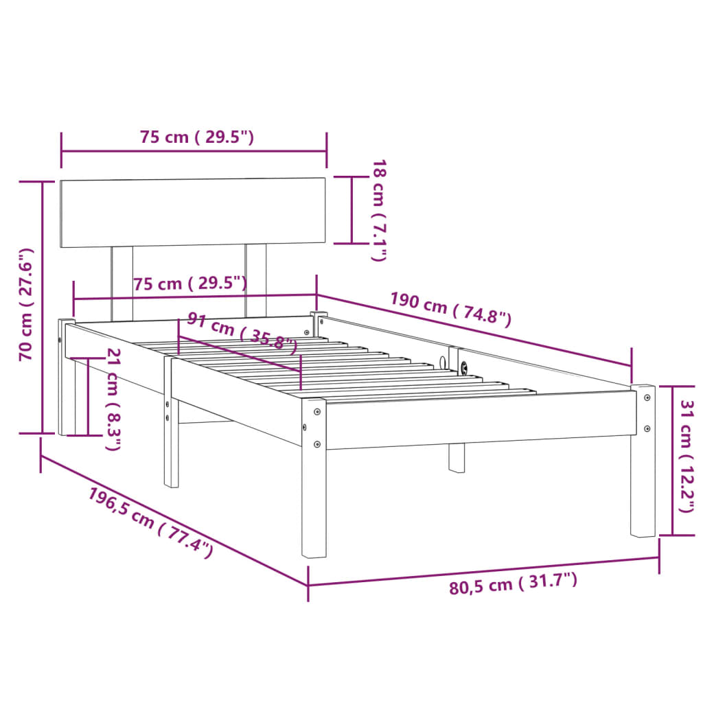 Sengeramme hvit heltre furu 75x190 cm UK Small Single