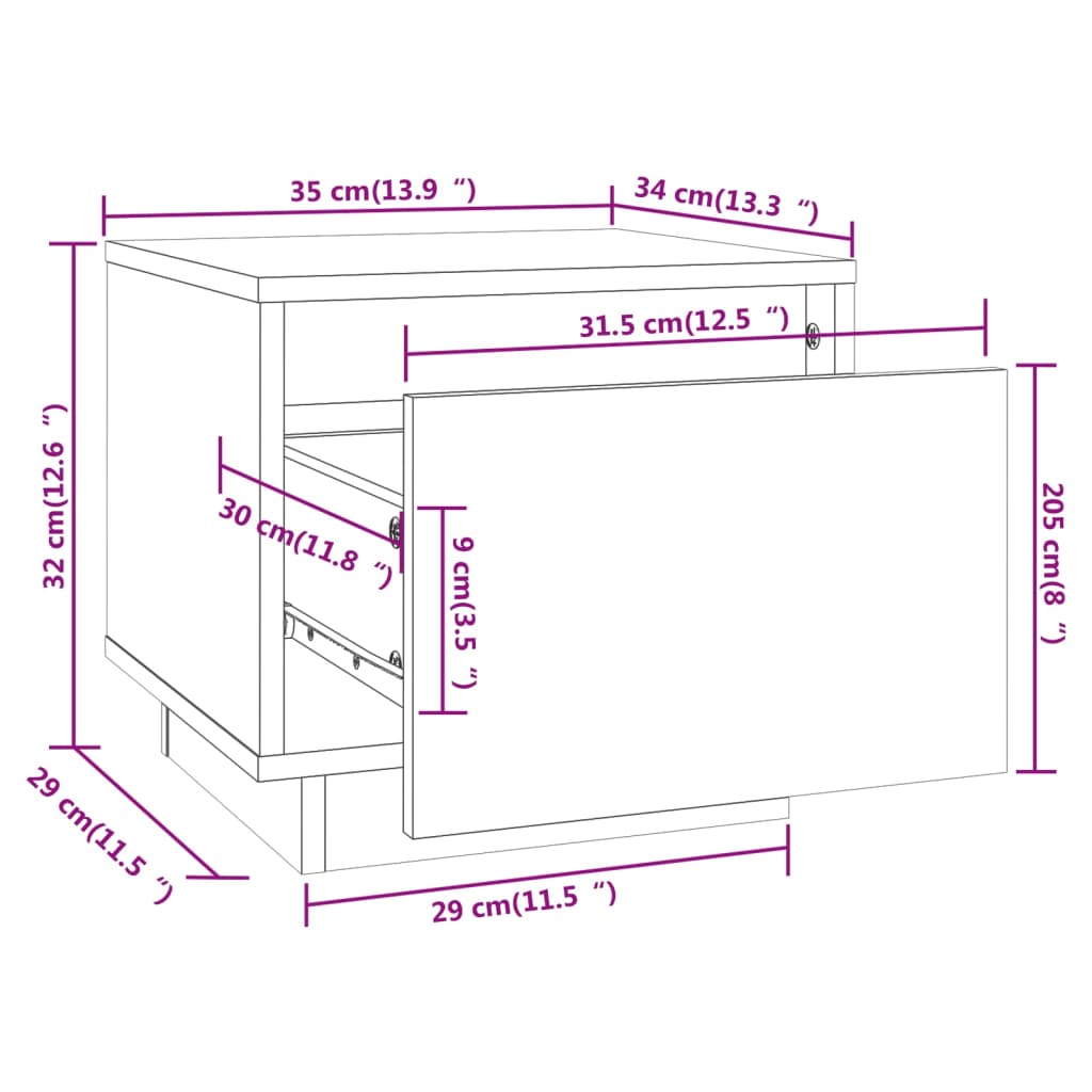 Nattbord 2 stk hvit 35x34x32 cm heltre furu