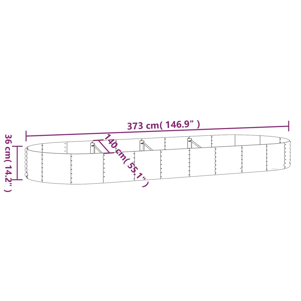 Høybed pulverlakkert stål 373x140x36 cm sølv