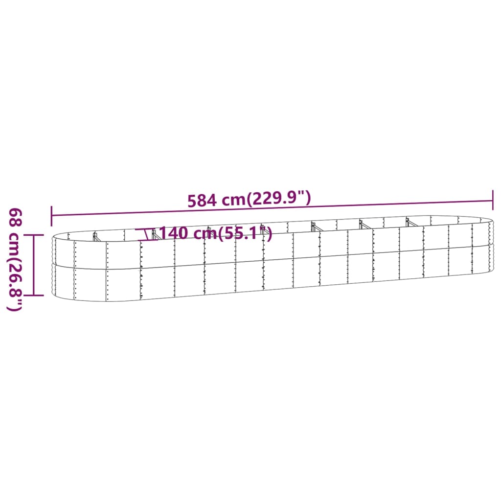 Høybed pulverlakkert stål 584x140x68 cm sølv