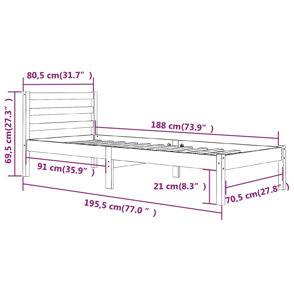 Sengeramme heltre furu 75x190 cm hvit Small Single