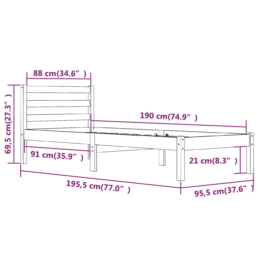 Sengeramme heltre furu 90x190 cm hvit 3FT Single