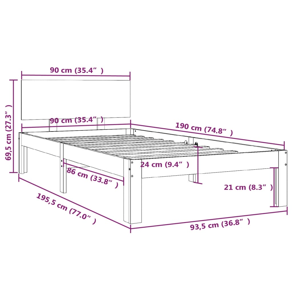 Sengeramme hvit heltre 90x190 cm 3FT Single