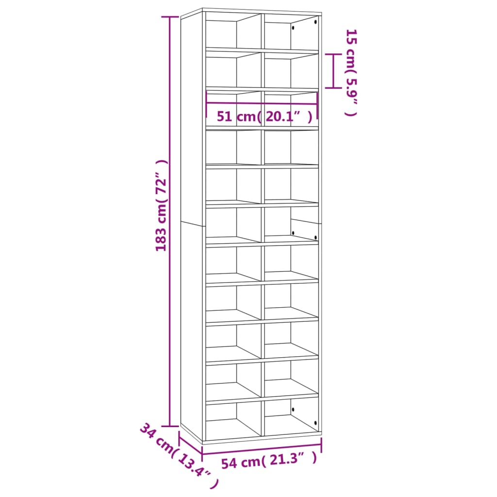 Skohylle brun eik 54x34x183 cm konstruert tre