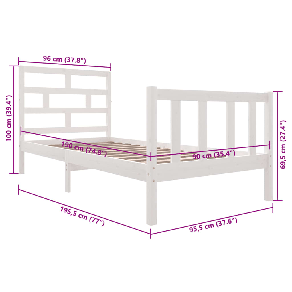 Sengeramme hvit heltre furu 90x190 cm Single