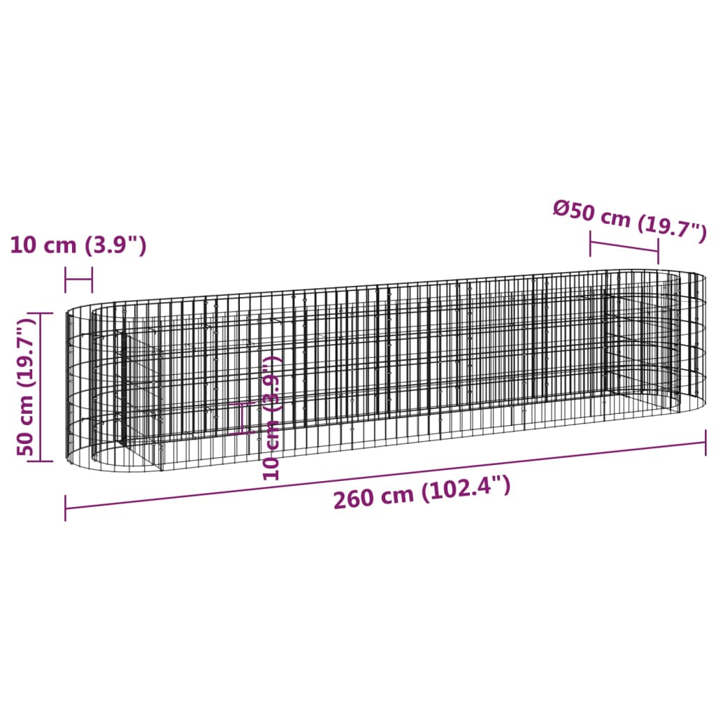 Gabion høybed galvanisert jern 260x50x50 cm