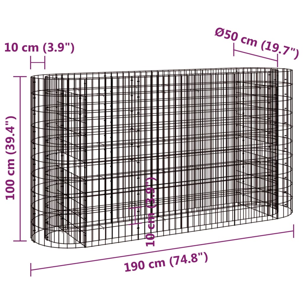 Gabion høybed galvanisert jern 190x50x100 cm