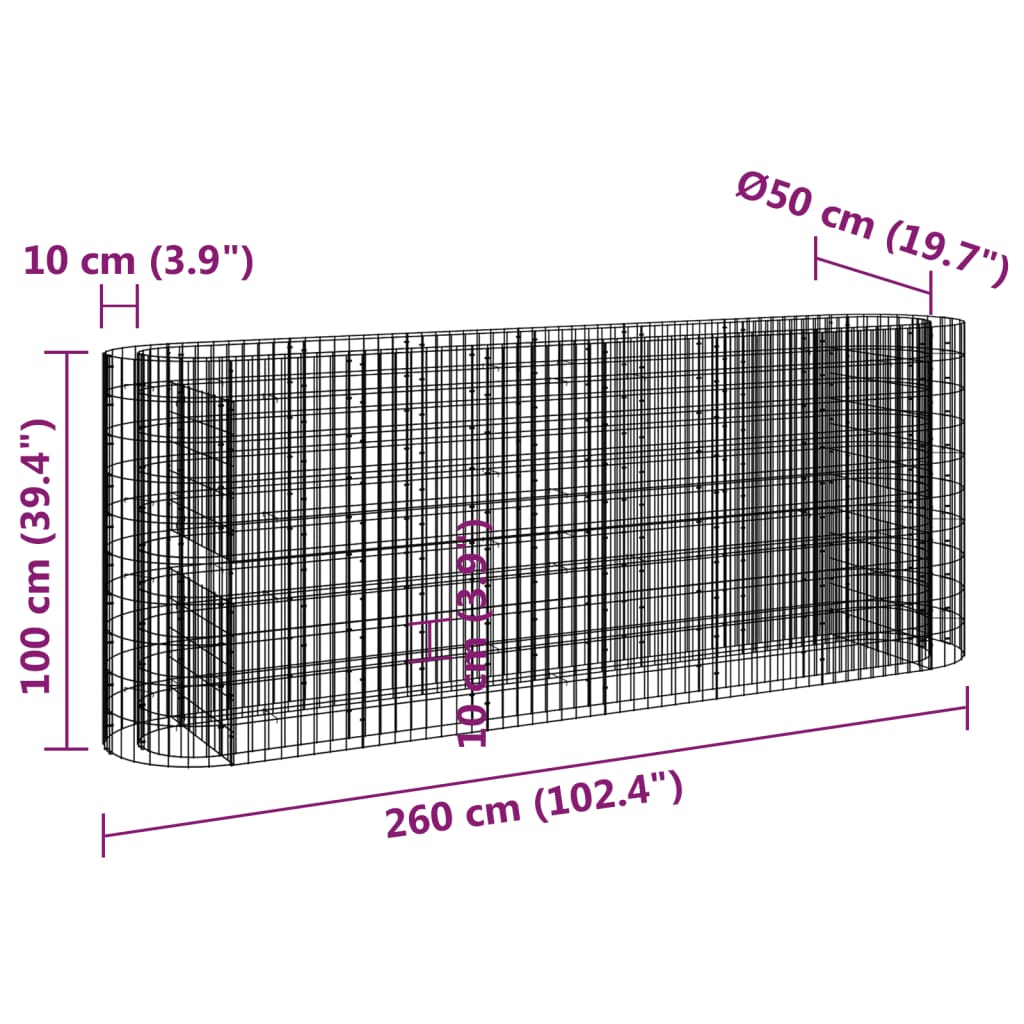 Gabion høybed galvanisert jern 260x50x100 cm
