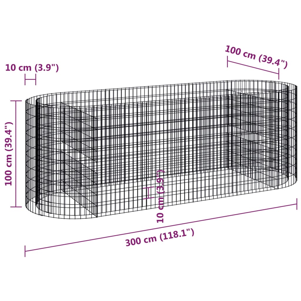 Gabion høybed galvanisert jern 300x100x100 cm