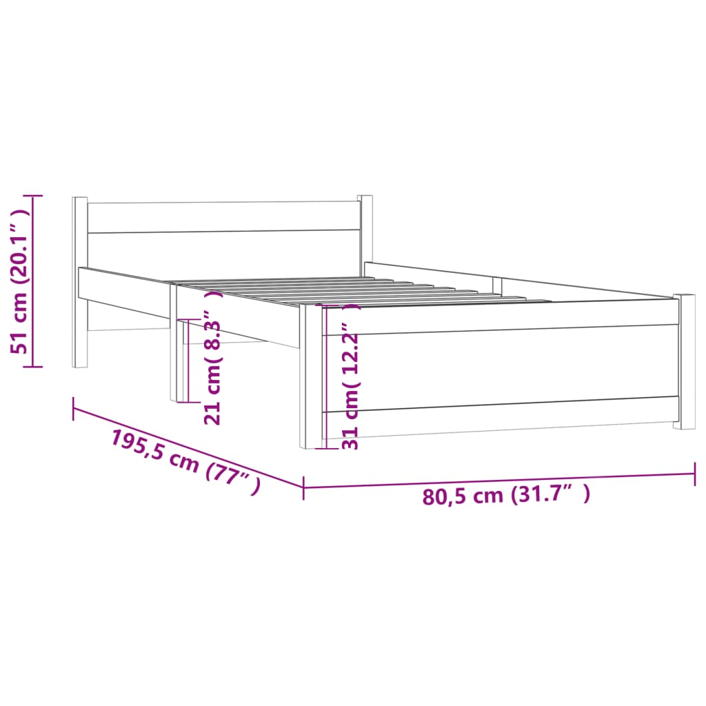 Sengeramme honningbrun heltre 75x190 cm 2FT6 Small Single