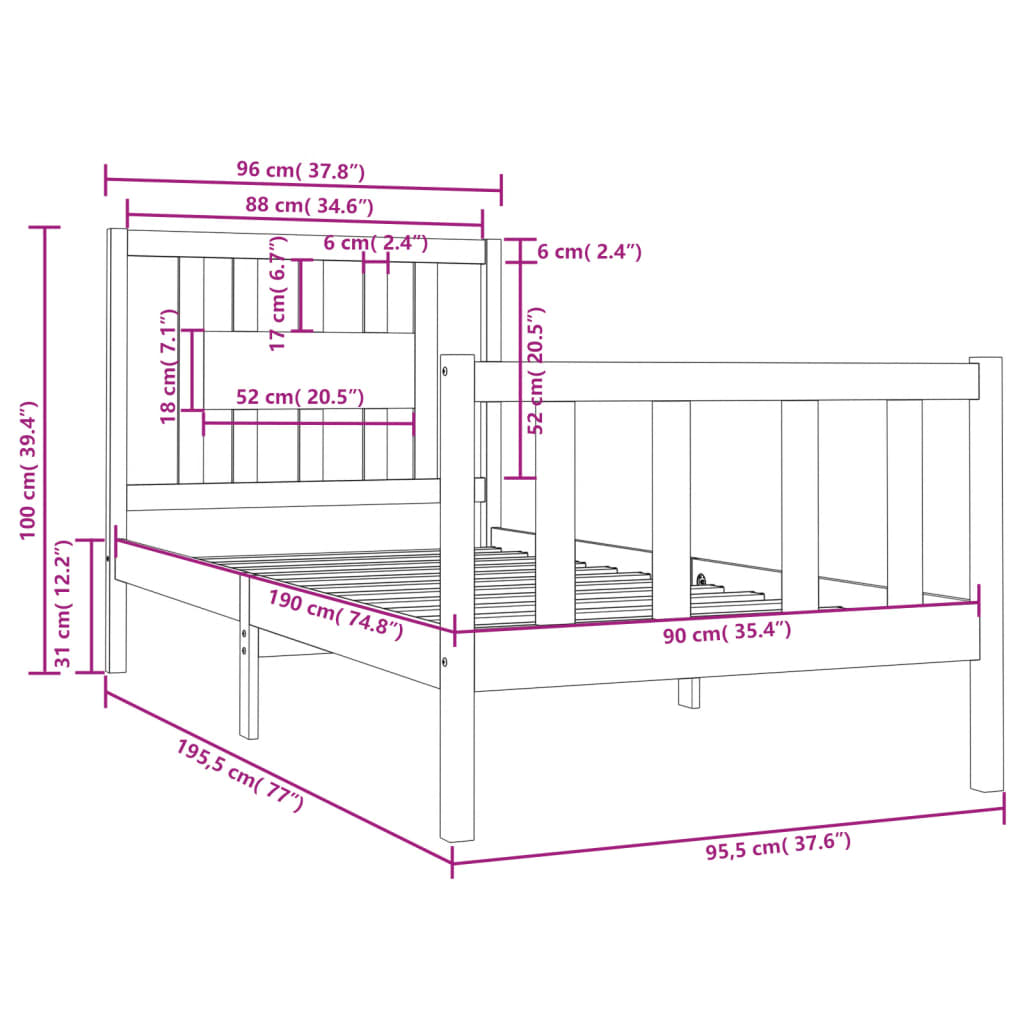 Sengeramme hvit heltre 90x190 cm Single