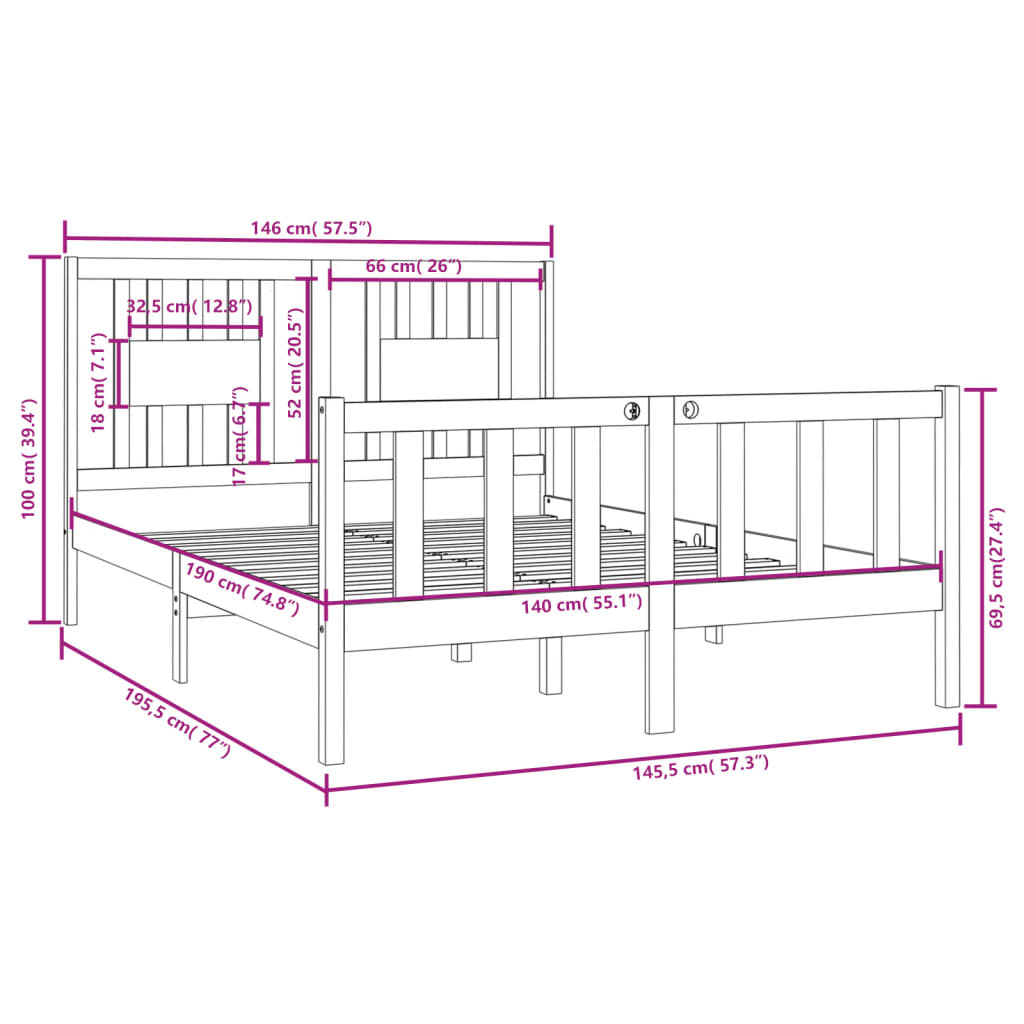 Sengeramme hvit heltre 140x190 cm