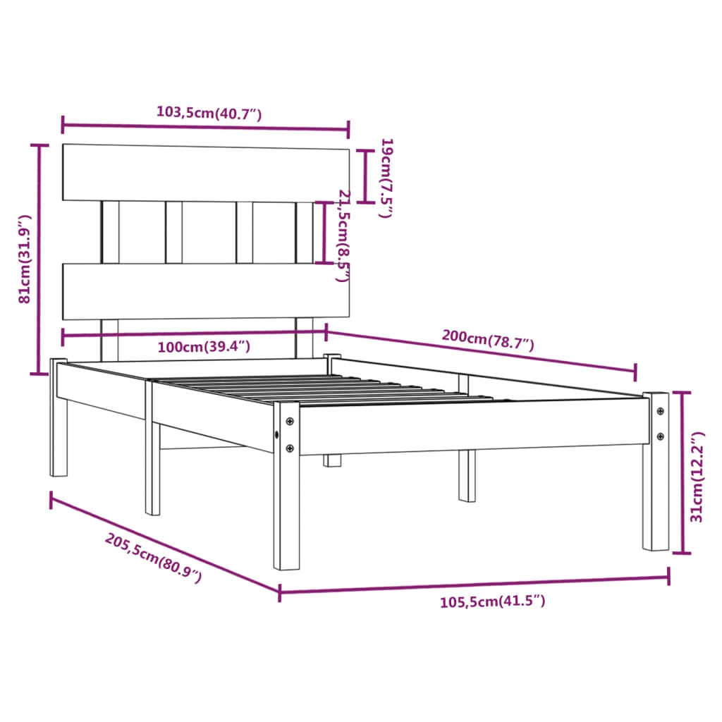 Sengeramme hvit heltre 100x200 cm