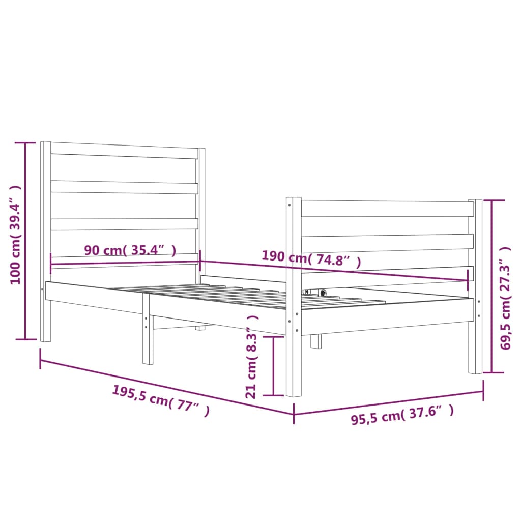 Sengeramme hvit heltre furu 90x190 cm Single