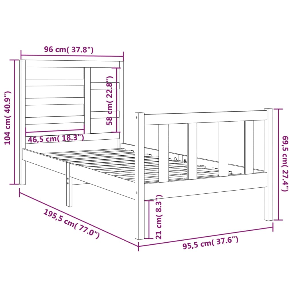 Sengeramme hvit heltre 90x190 cm Single
