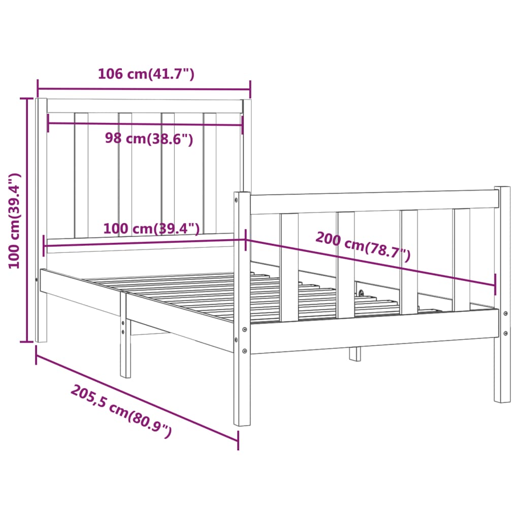 Sengeramme hvit heltre 100x200 cm