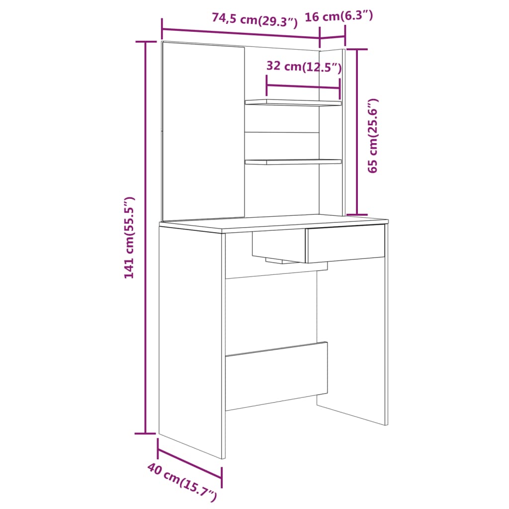 Sminkebord med speil sonoma eik MDF 74,5x40x141 cm