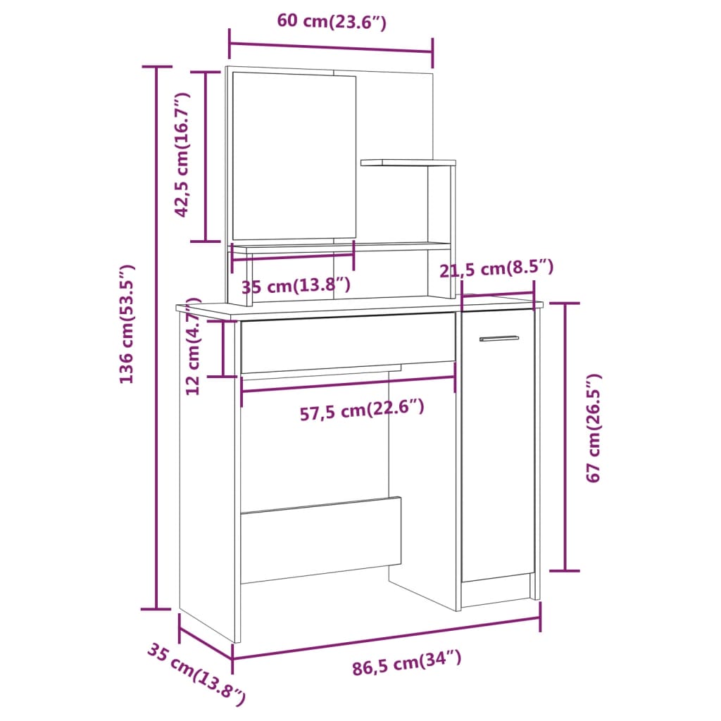 Sminkebord med speil hvit 86,5x35x136 cm