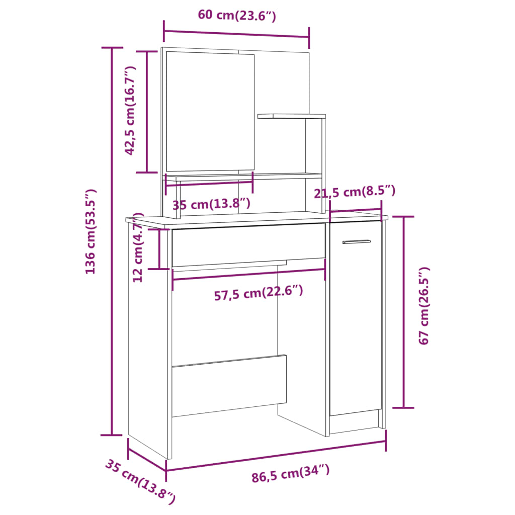 Sminkebord med speil sonoma eik 86,5x35x136 cm