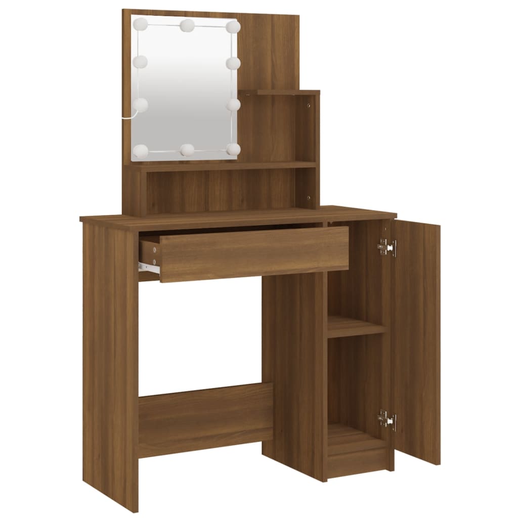 Sminkebord med LED brun eik 86,5x35x136 cm