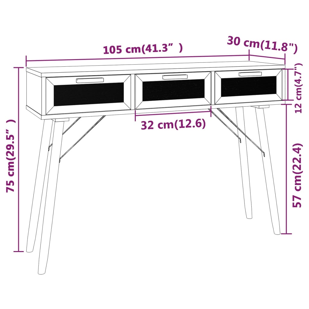 Konsollbord brun 105x30x75 cm heltre furu og naturrotting