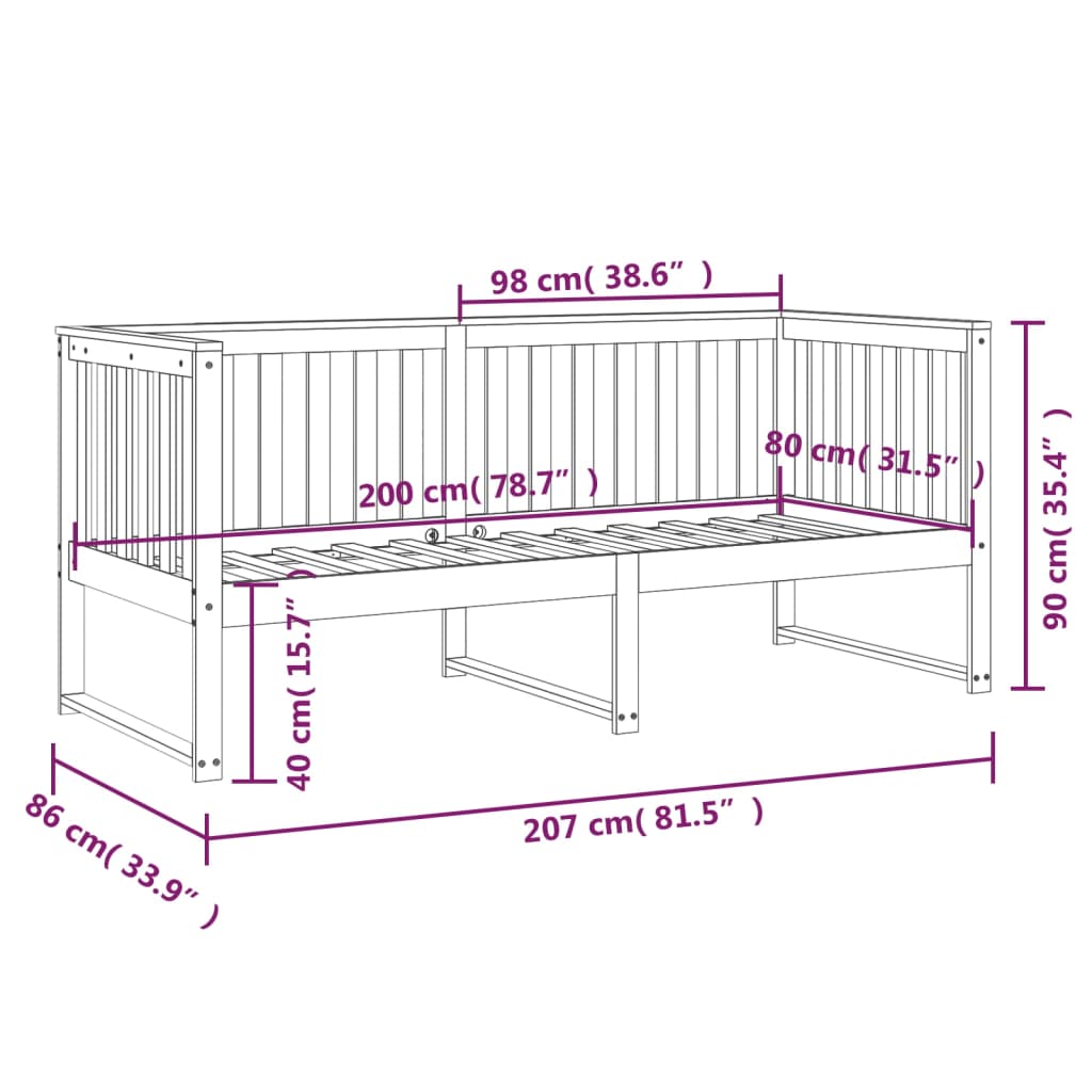 Dagseng uten madrass hvit 80x200 cm heltre furu