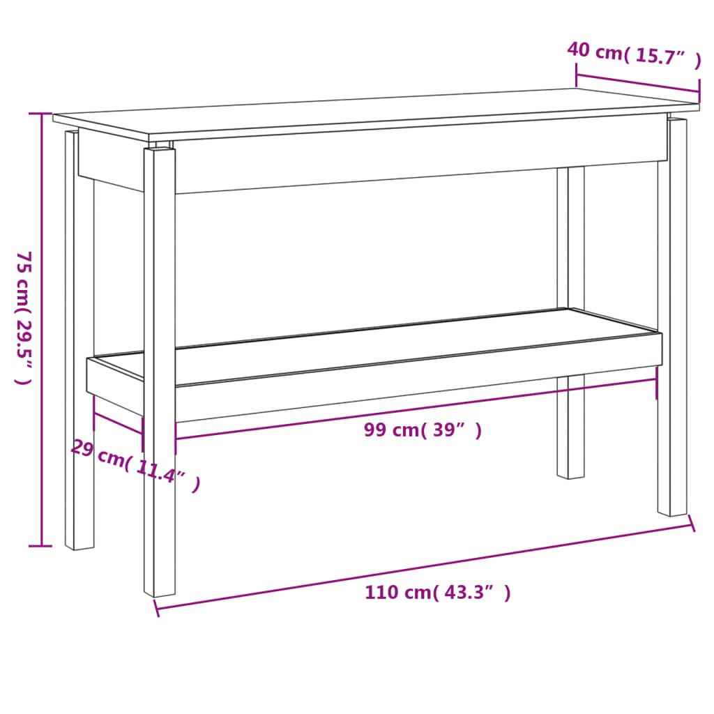 Konsollbord hvit 110x40x75 cm heltre furu