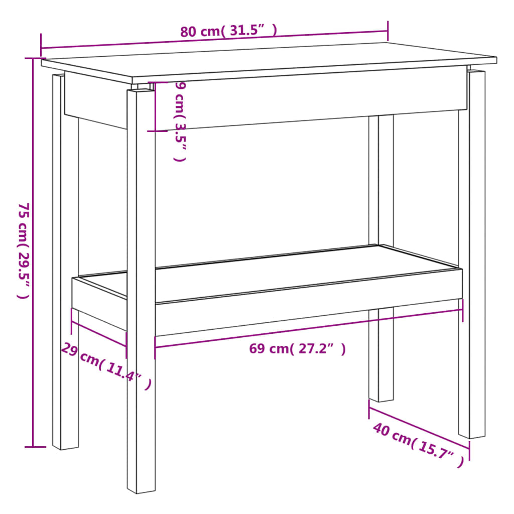 Konsollbord hvit 80x40x75 cm heltre furu