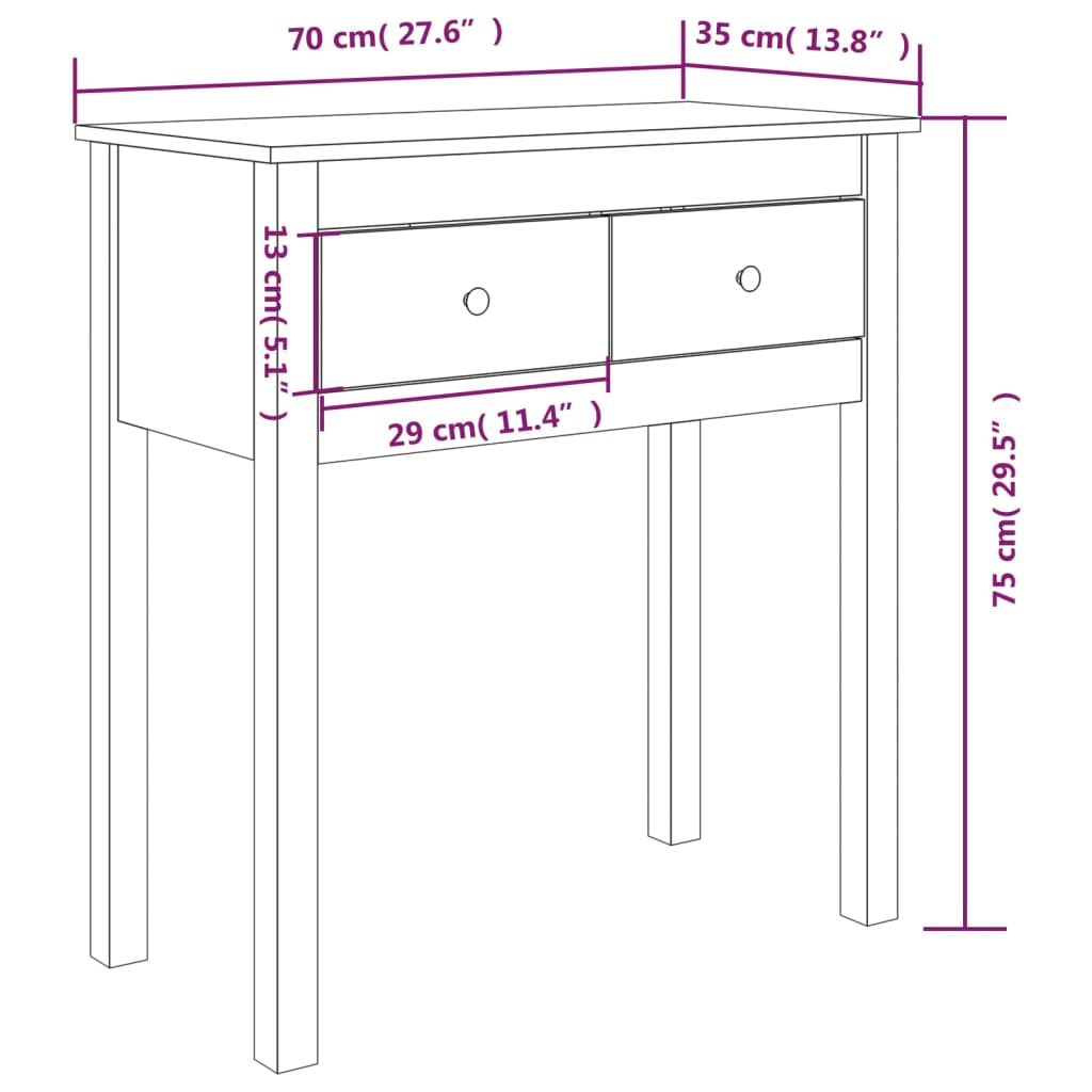 Konsollbord hvit 70x35x75 cm heltre furu