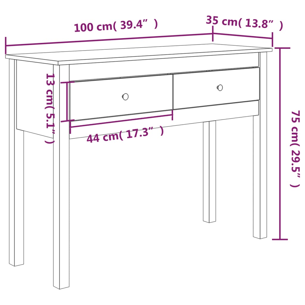 Konsollbord hvit 100x35x75 cm heltre furu