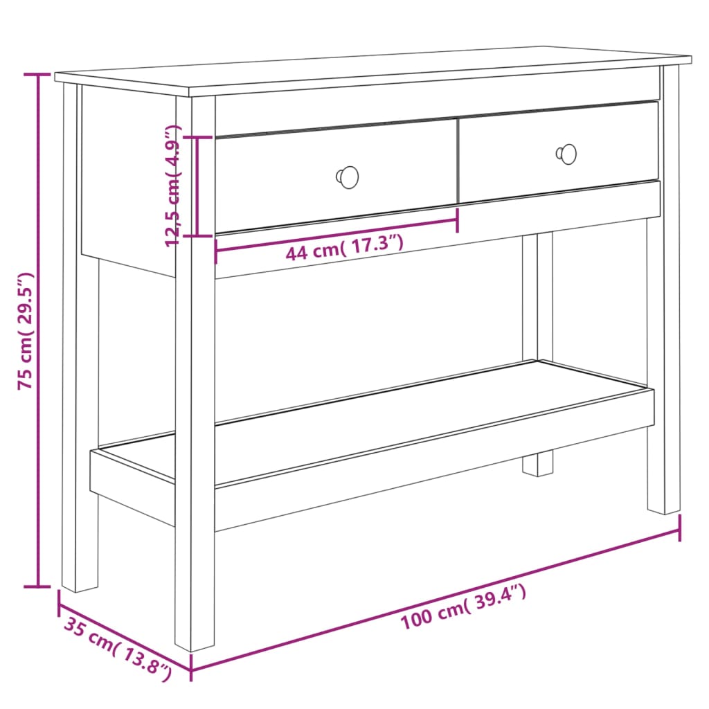 Konsollbord 100x35x75 cm heltre furu