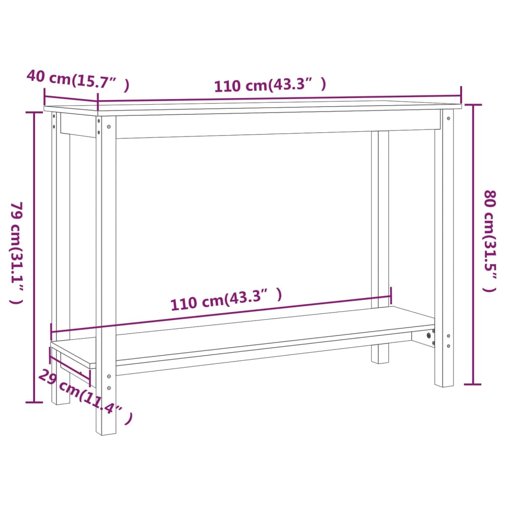 Konsollbord 110x40x80 cm heltre furu