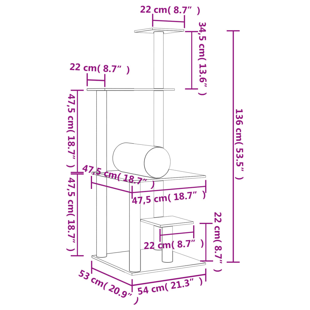 Kattetre med klorestolper i sisal mørkegrå 136 cm