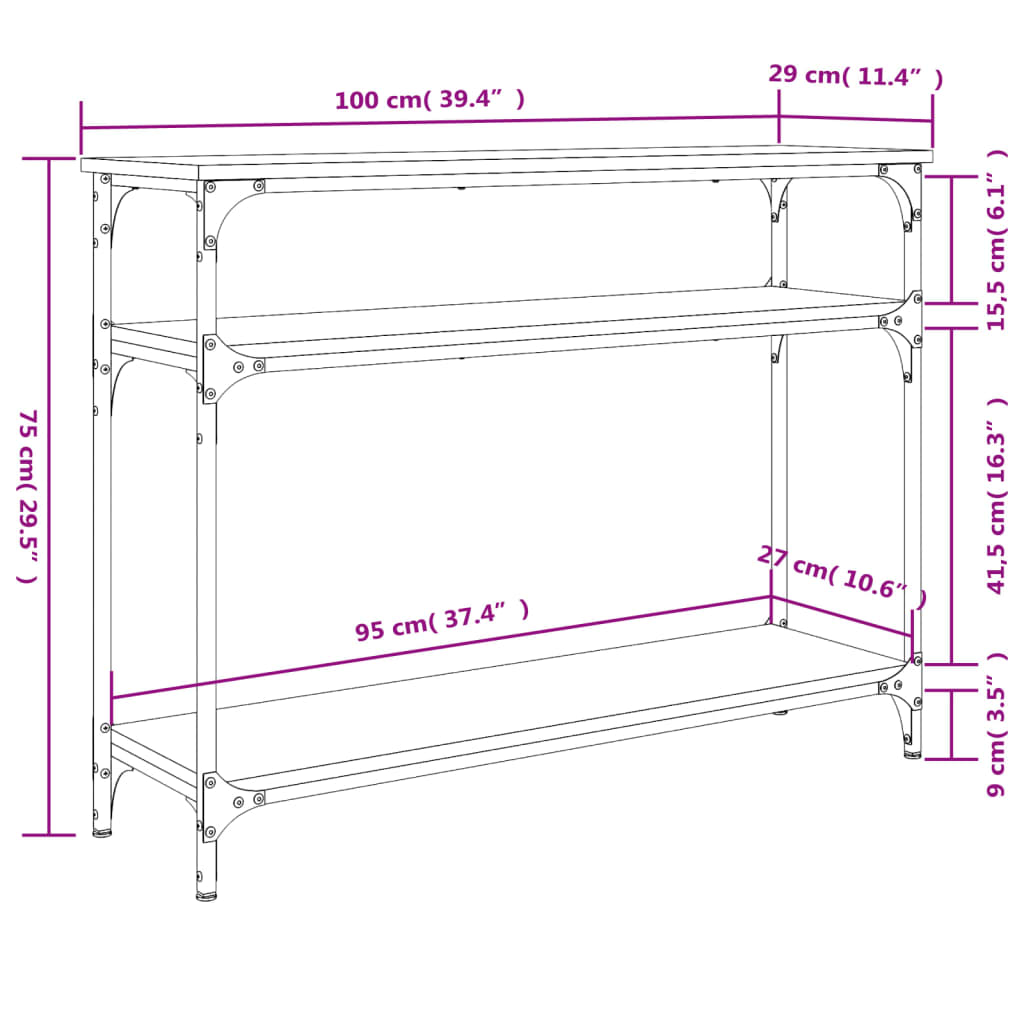 Konsollbord svart 100x29x75 cm konstruert tre