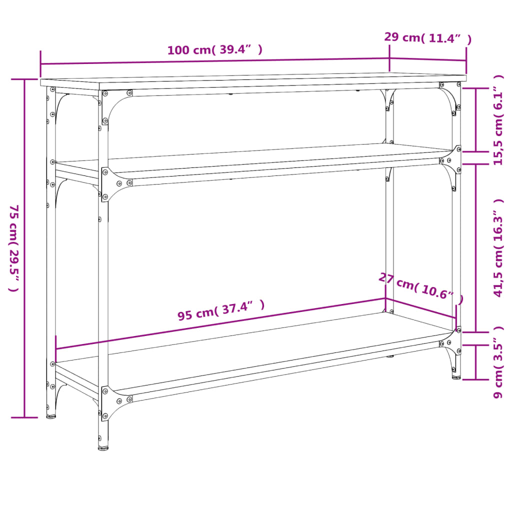 Konsollbord sonoma eik 100x29x75 cm konstruert tre