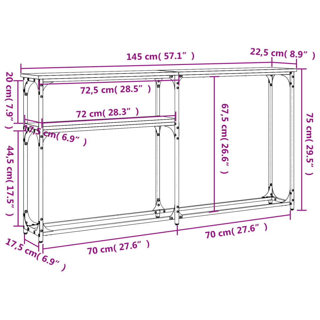 Konsollbord sonoma eik 145x22,5x75 cm konstruert tre