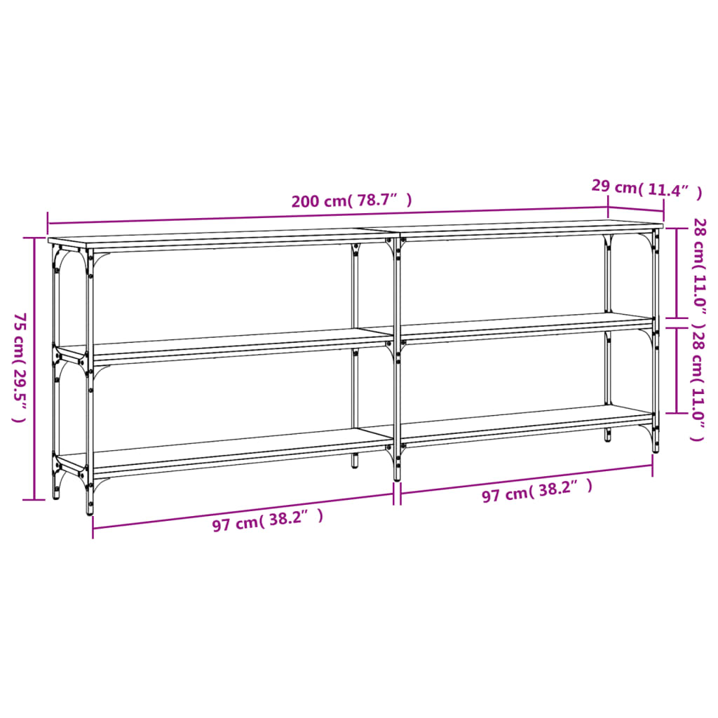 Konsollbord svart 200x29x75 cm konstruert tre