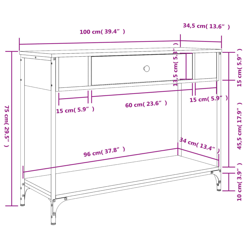 Konsollbord svart 100x34,5x75 cm konstruert tre