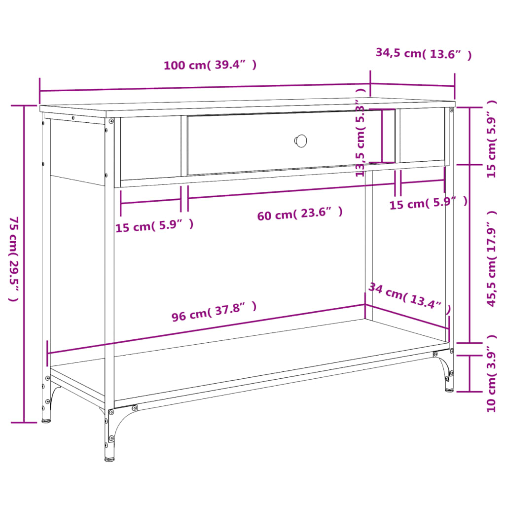 Konsollbord sonoma eik 100x34,5x75 cm konstruert tre