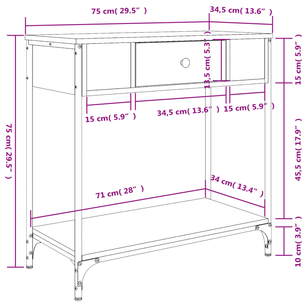 Konsollbord brun eik 75x34,5x75 cm konstruert tre