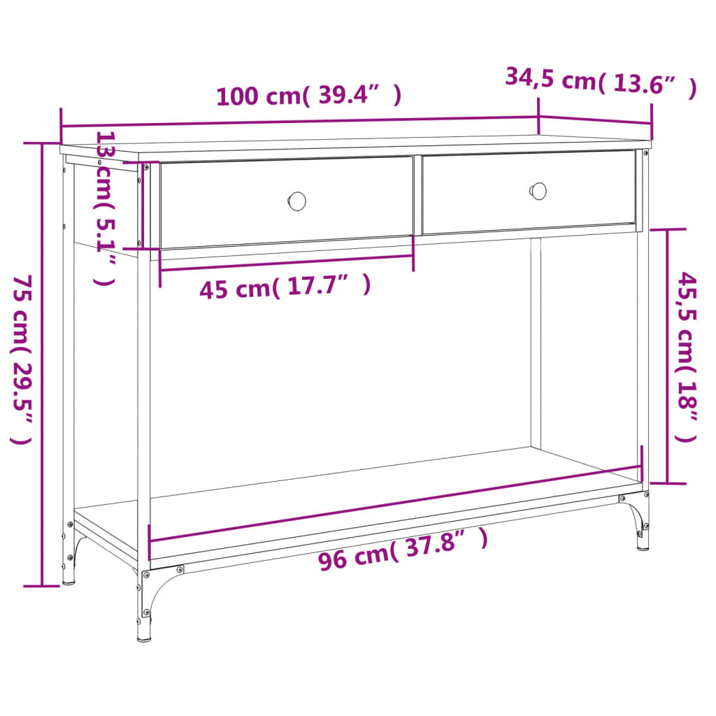 Konsollbord brun eik 100x34,5x75 cm konstruert tre